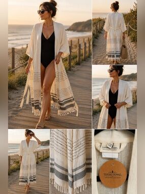 Tofino Towel Co Cotton Beach Cover Up Duster Robe NWT OS Fringe Boho Coastal